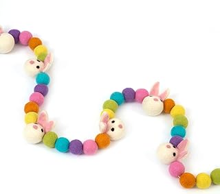 Glaciart One Felt Ball & Bunny Garland - Fun Party Decorations for Easter, Spring & Birthdays - Home Decor for Living Room, Bedroom, Baby Room - 100% Natural Wool Pom Poms with Cotton String - 9 Ft.