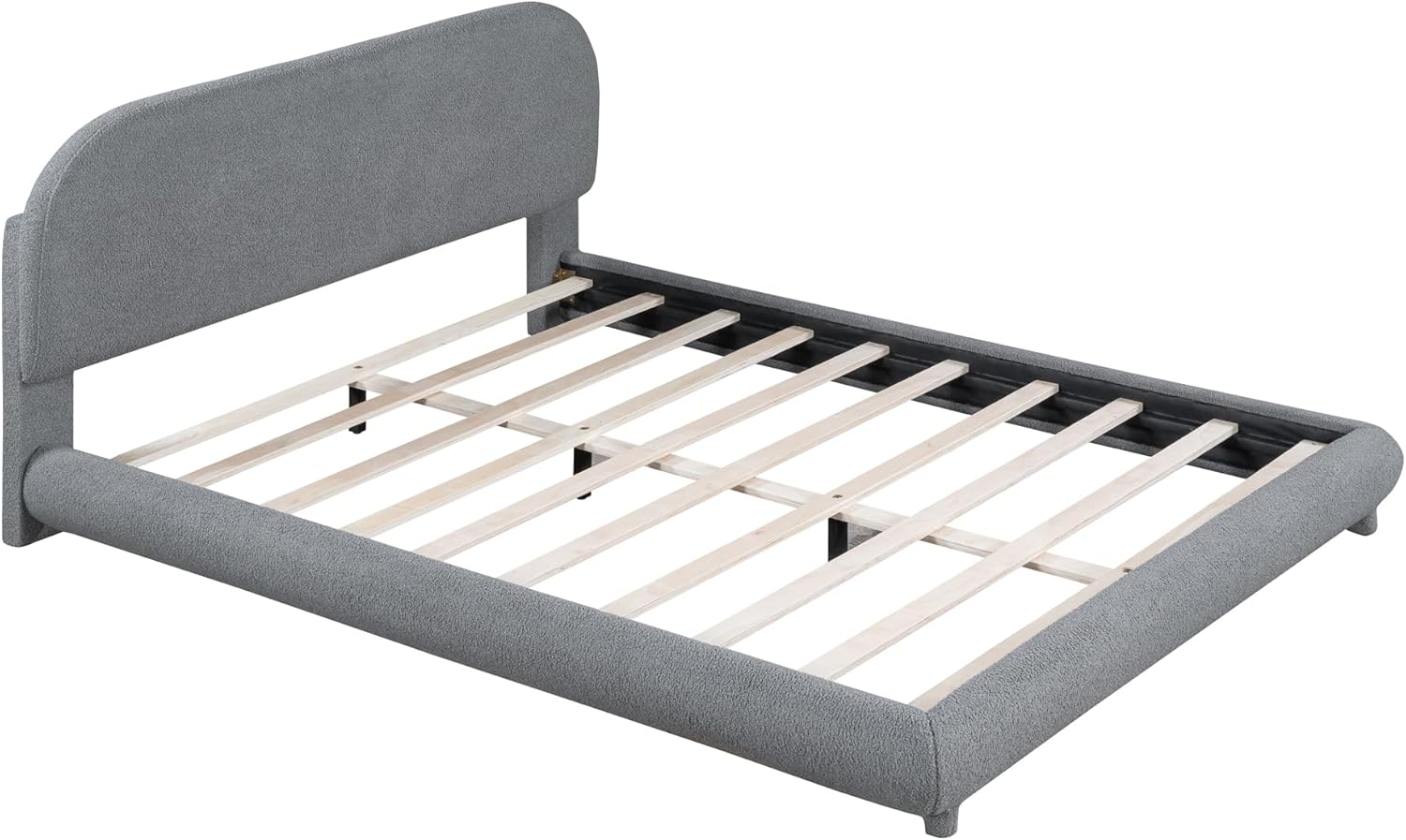 SOFTSEA Queen Size Upholstered Platform Bed Frame with Thick Fabric, Solid Wood Platform Bed Frame with Curve Shaped Design, Grey