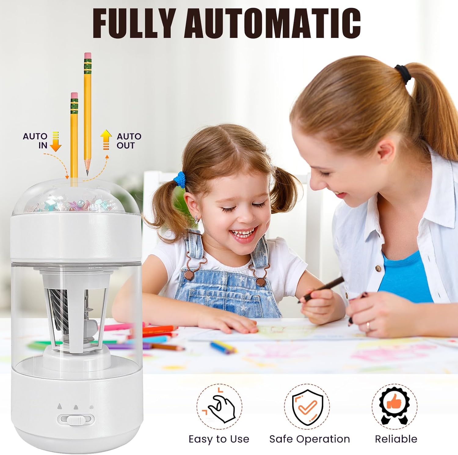 Electric Pencil Sharpener(6-11mm), Fully Automatic Colored Pencil Sharpener for Kids with Auto in & Out Rechargeable Sharpener for Classroom//Office/Home