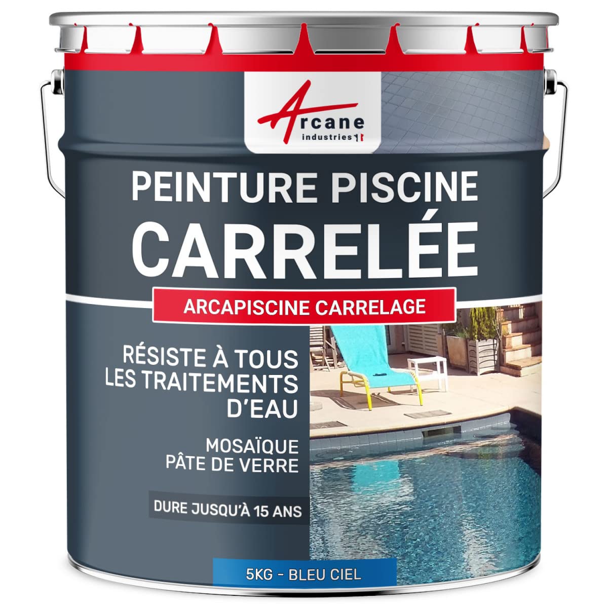 ARCANE INDUSTRIES Peinture piscine carrelage et mosaïque - Polyuréthane aliphatique - 5 kg (jusqu'à 15m² pour 2 couches) Bleu Ciel - RAL 5015