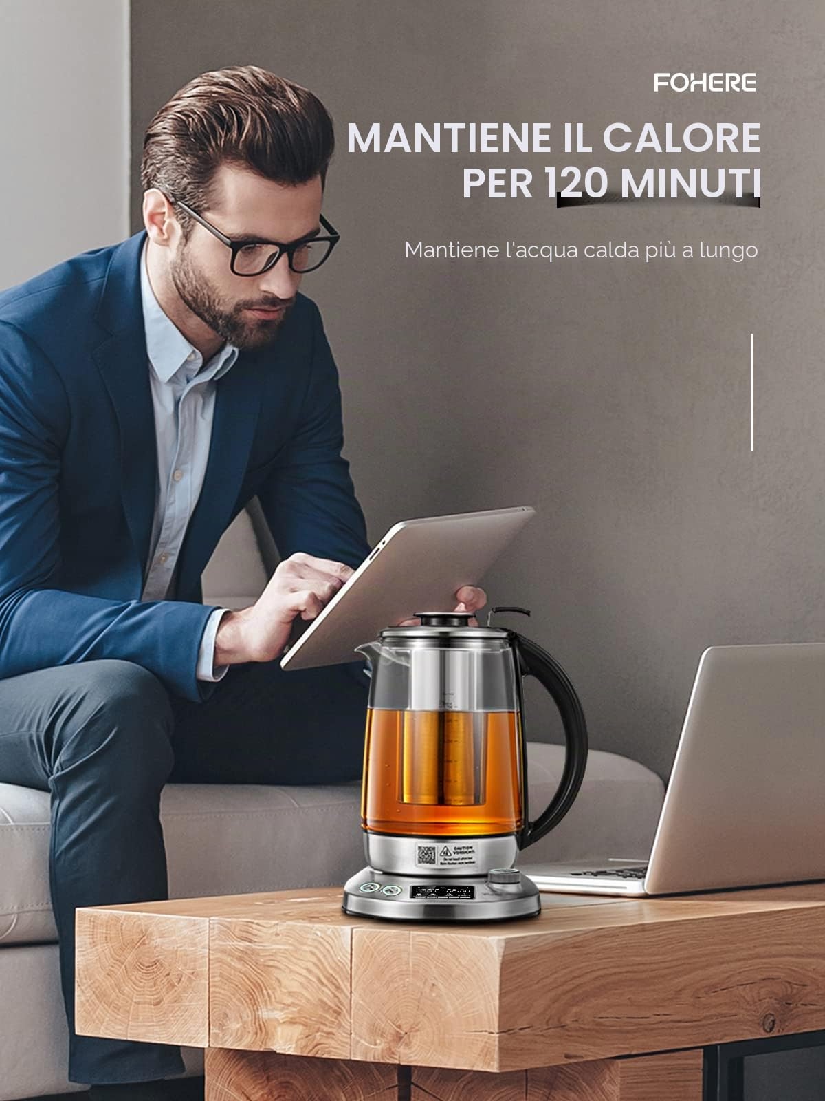 Bollitore Elettrico, 9 Preset di Controllo Della Temperatura Bollitore in Vetro, Teiera da 2200W, 2 ore di Mantenimento in Caldo, 1.7L Bollitore Acquacon Infusore Rimovibile, Display LCD(Argento)