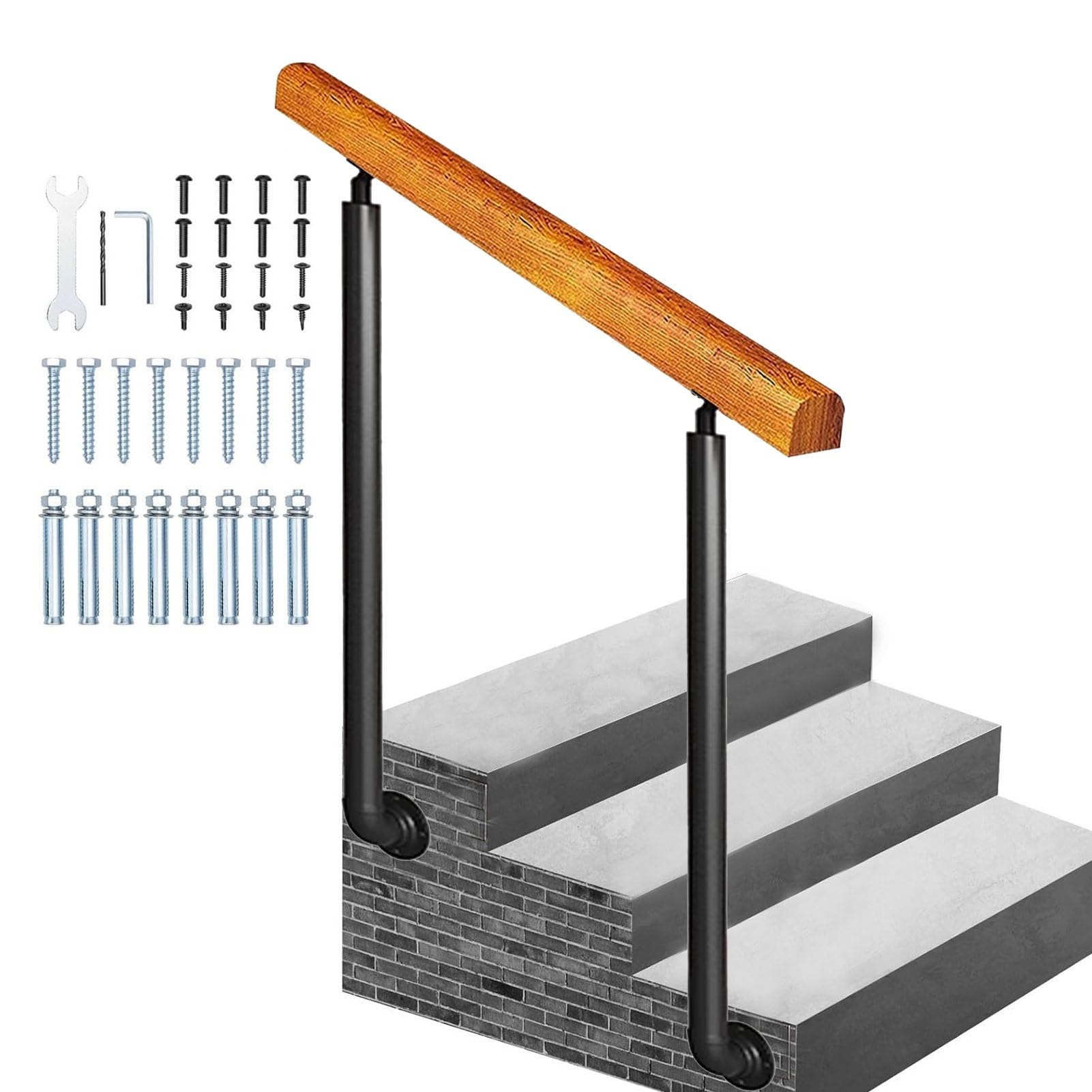 Rampe d'escalier en bois noble avec poteaux en fer forgé durables
