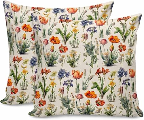 Pack of 2 Cotton Throw Pillow Covers, Leaves Flowers Bud Soft Square Pillow Covers Home Decoration Pillowcases for Living Room Bedroom Couch Bed