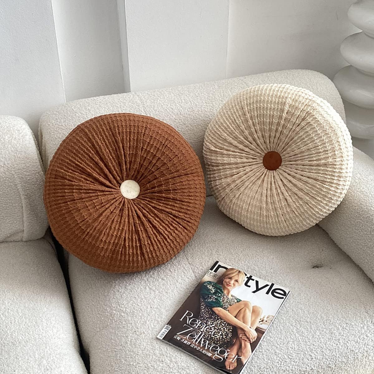 S_SSOY Round Throw Pillow for Couch Decorative 13"X13" Pumpkin Round Velvet Cushion for Sofa Bed Chair Floor Car Decorative (Cream)