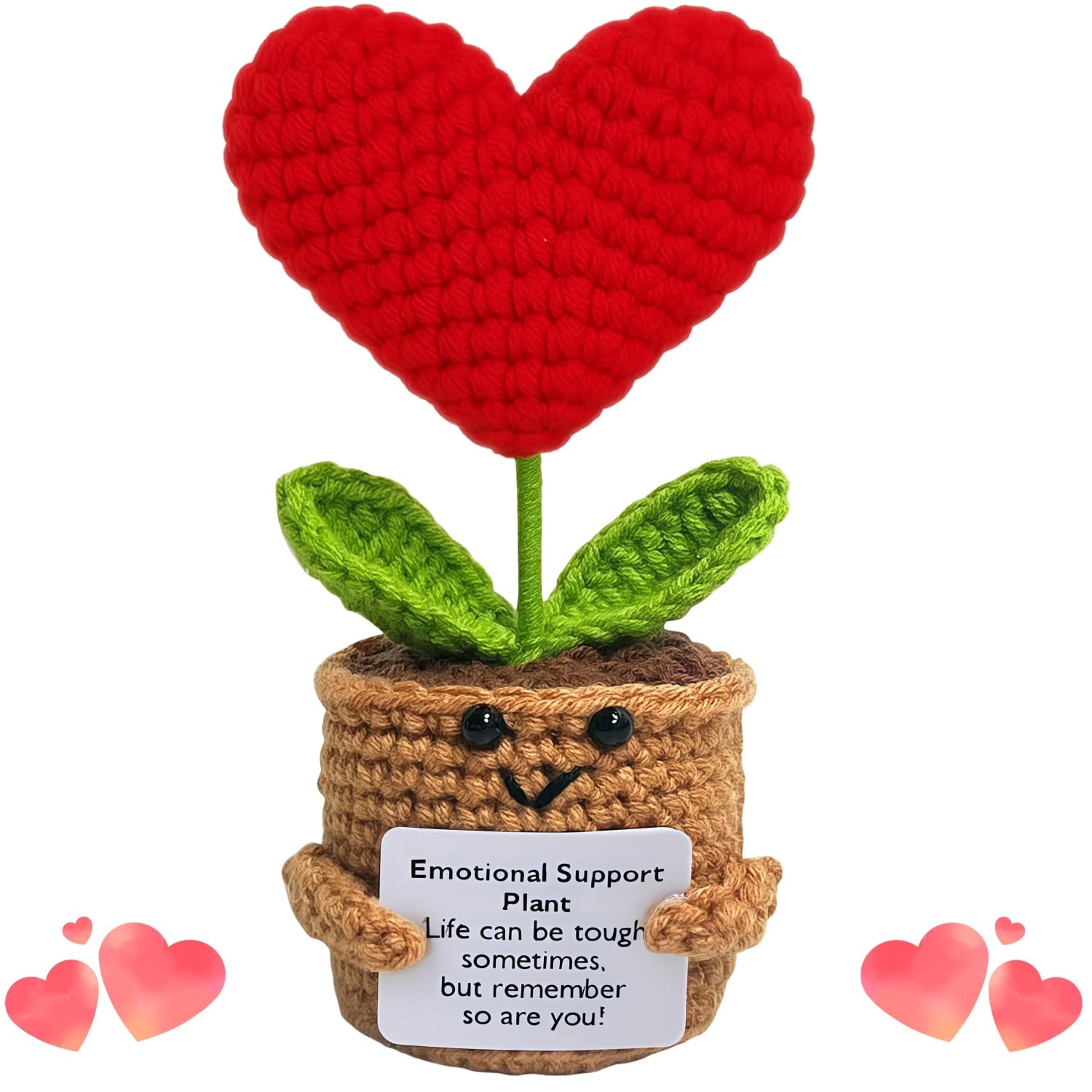 Yiqicomle Positive Crochet Heart Flower, Handmade Inspirational Gift Knitted Emotional Support Doll with Positive Card Home Decor Mini Funny Gift for Coworker Friend Family
