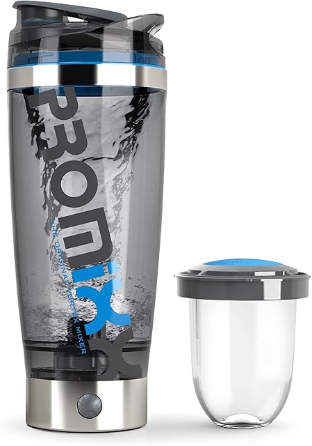 Promixx Pro Shaker Bottle (iX-R Edition) | Rechargeable, Powerful for Smooth Protein Shakes | includes Supplement Storage - BPA Free | 600ml Cup (Silver Blue/Gray)