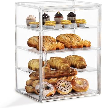 4-Tier Pastry Display Case,Large Bread Box for Kitchen Countertop, Adjustable Bread Storage Container, Bakery Display for Bread, Cookies, and Donuts, Size 15.5 * 11.4 * 9.8 Inch