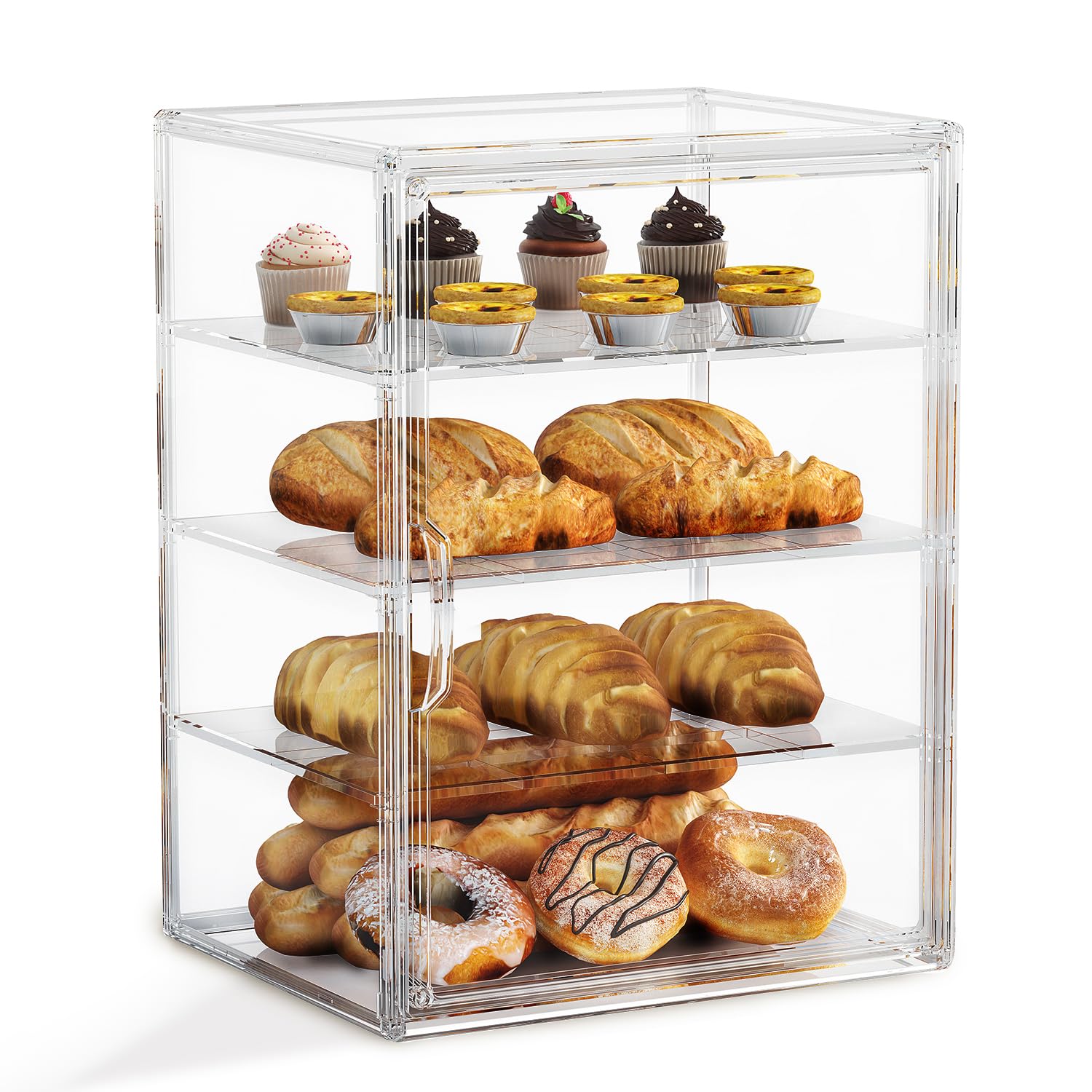 Vitrina de pastelería de 4 niveles, caja de pan grande para encimera de cocina, recipiente de almacenamiento de pan ajustable, exhibición de panadería para pan, galletas y donas, tamaño 15.5 x 11.4 x