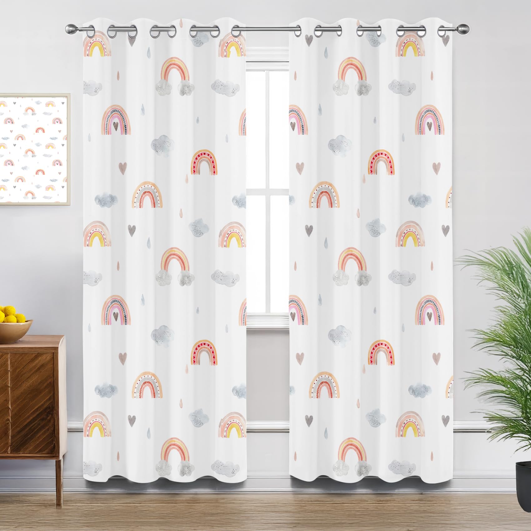 Rainbow Curtains for Living Room, Cute Cartoon Rainbow Pastel Kids Nursery Blackout Curtains Thermal Insulated Extra Long Bedroom Curtain Eyelet, W90 X D108, 2 Panels Drapes Home Decorations