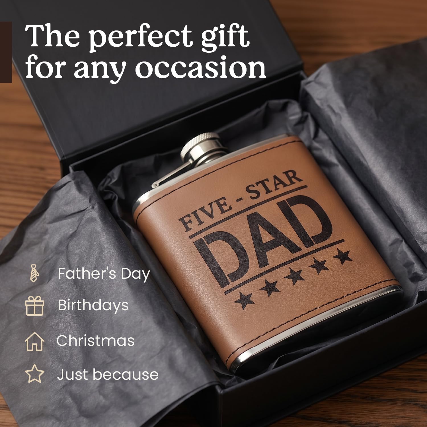 Dad Flask, Leather Wrapped Stainless Steel Hip Flask with Funnel, "Five Star Dad" Gift for Father’s Day, Birthday or Christmas (Dark Brown)
