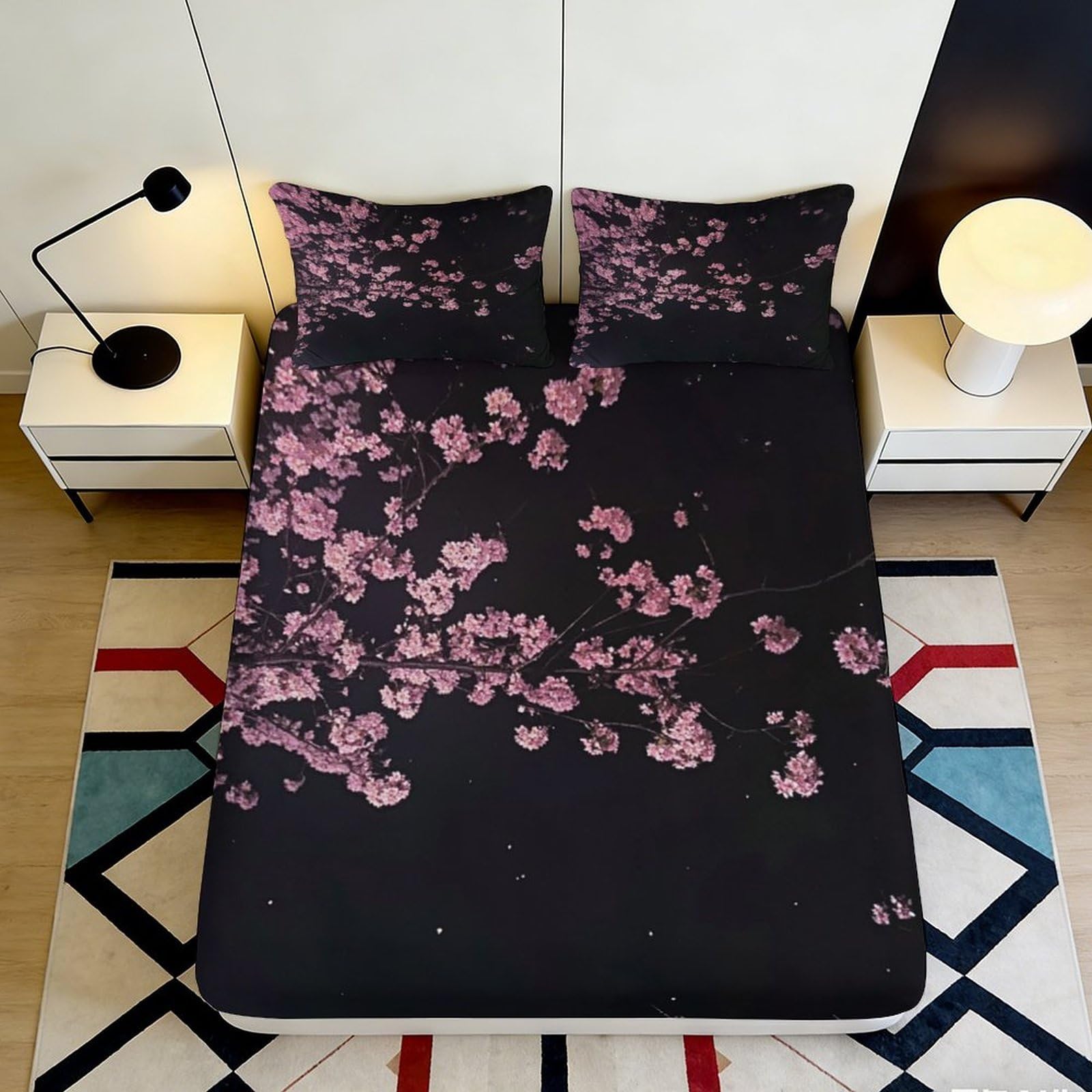 Pnayamiorkfel Style-5 3D Printed Cherry Blossom Fitted Sheet Microfiber Soft Black Pink Floral Bed Cover Bedroom Guestroom Mattress Protector 90X200x25cm