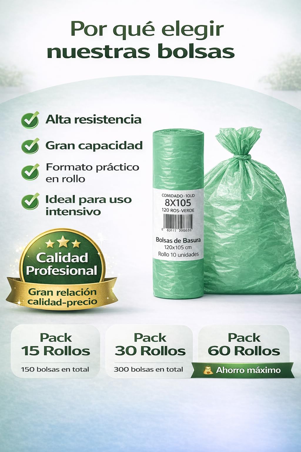 Bolsas de Basura Verdes 120L (85x105 cm) – Rollo de 10 Bolsas Resistentes | Bolsas Industriales para Contenedor Grande | Uso Doméstico y Profesional | Pack de 15, 30 o 60 Rollos (30)