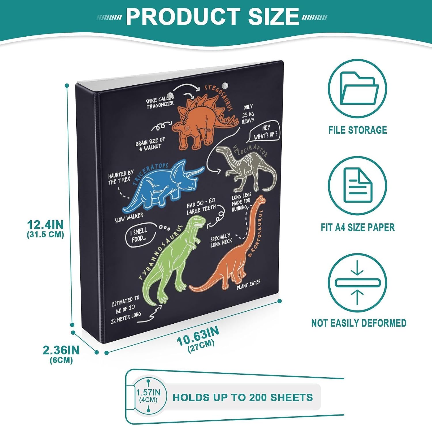 Dinosaur Cartoon Black Decorative 3 Ring Binder 1.5 Inch Large View Binders with Pockets File Organizer for Office College School, 1 Pack