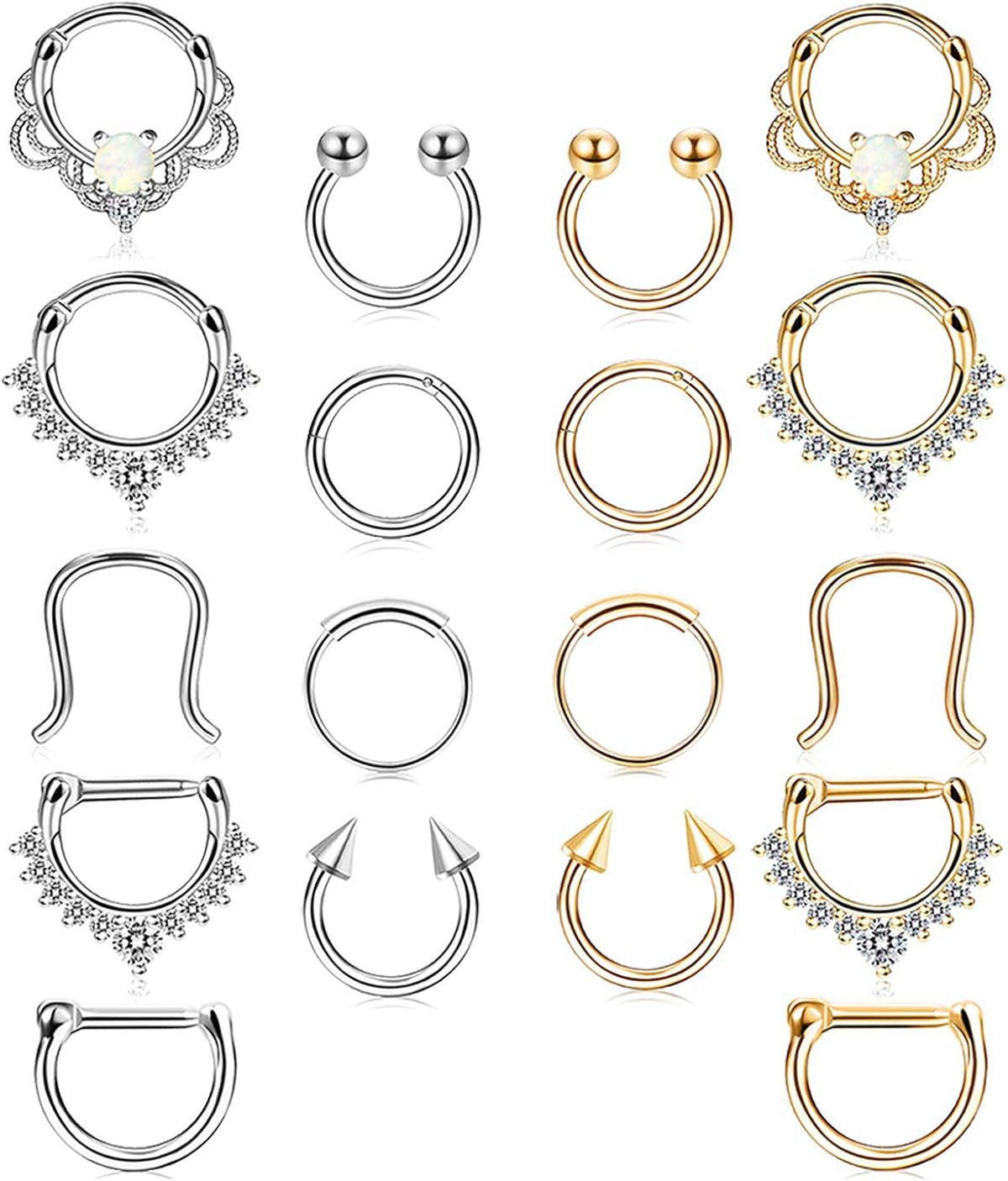 Udalyn 18 Pcs Stainless Steel Septum Hoop Nose Rings Cartilage Rings Clicker CZ Body Piercing Jewelry