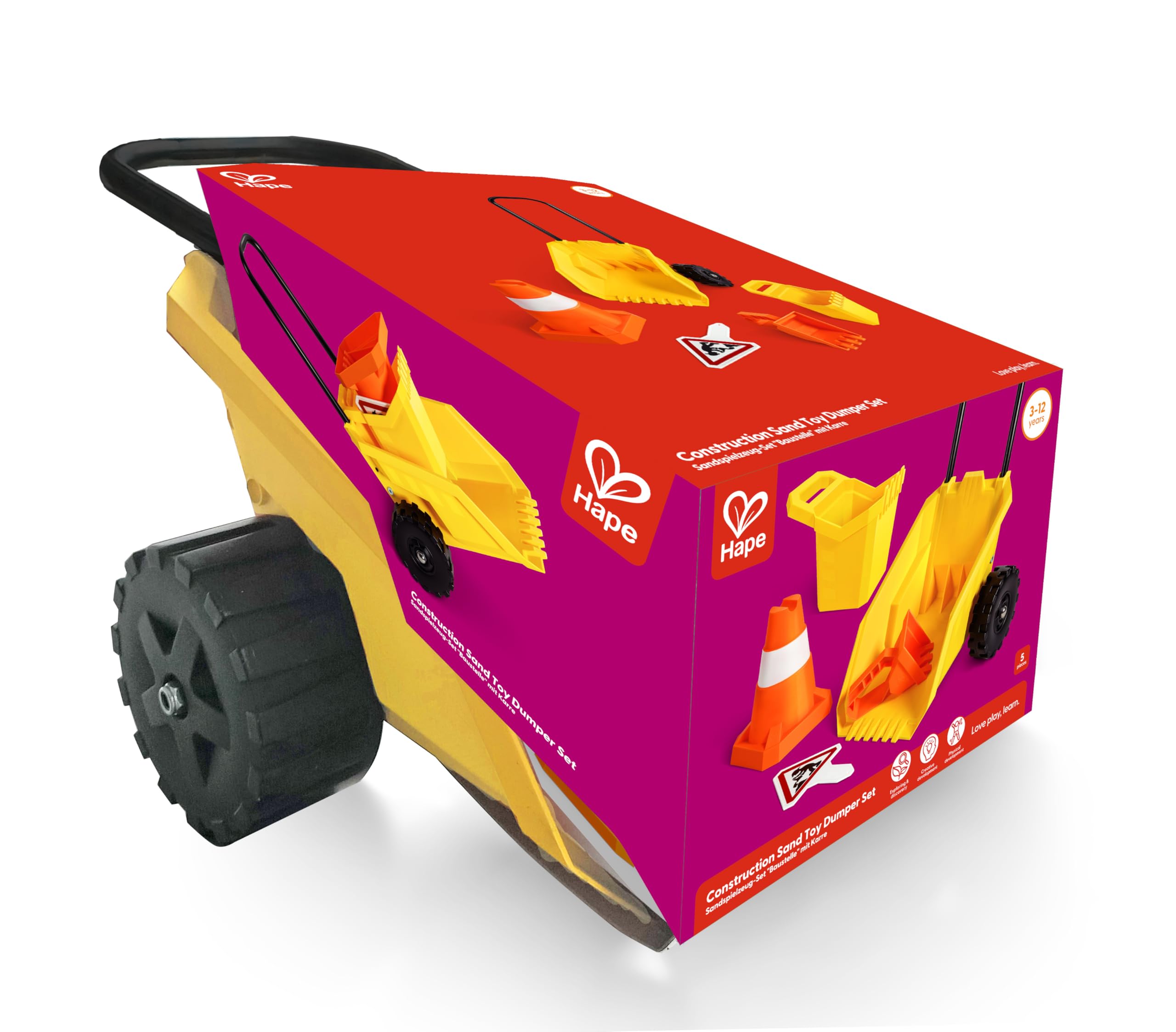 Hape Chariot de Chantier et Accessoires pour la Plage Dès 3 Ans - pour Plage, Bac à Sable, Terrain de Jeu - Camion Benne, Bulldozer, Panneau de Construction - Empilable, Facile pour Petites Mains