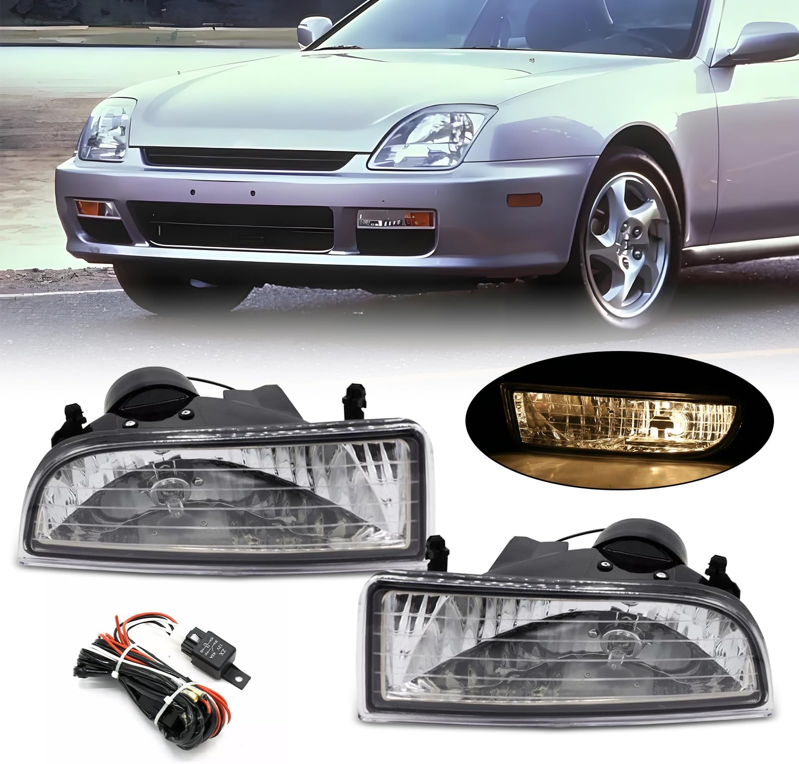 YLT AUTO A Pair of Front Bumper Running Fog Light Replacement Kit with Bulbs and Wiring for 1997 1998 1999 2000 2001 Honda Prelude (Clear Lens)
