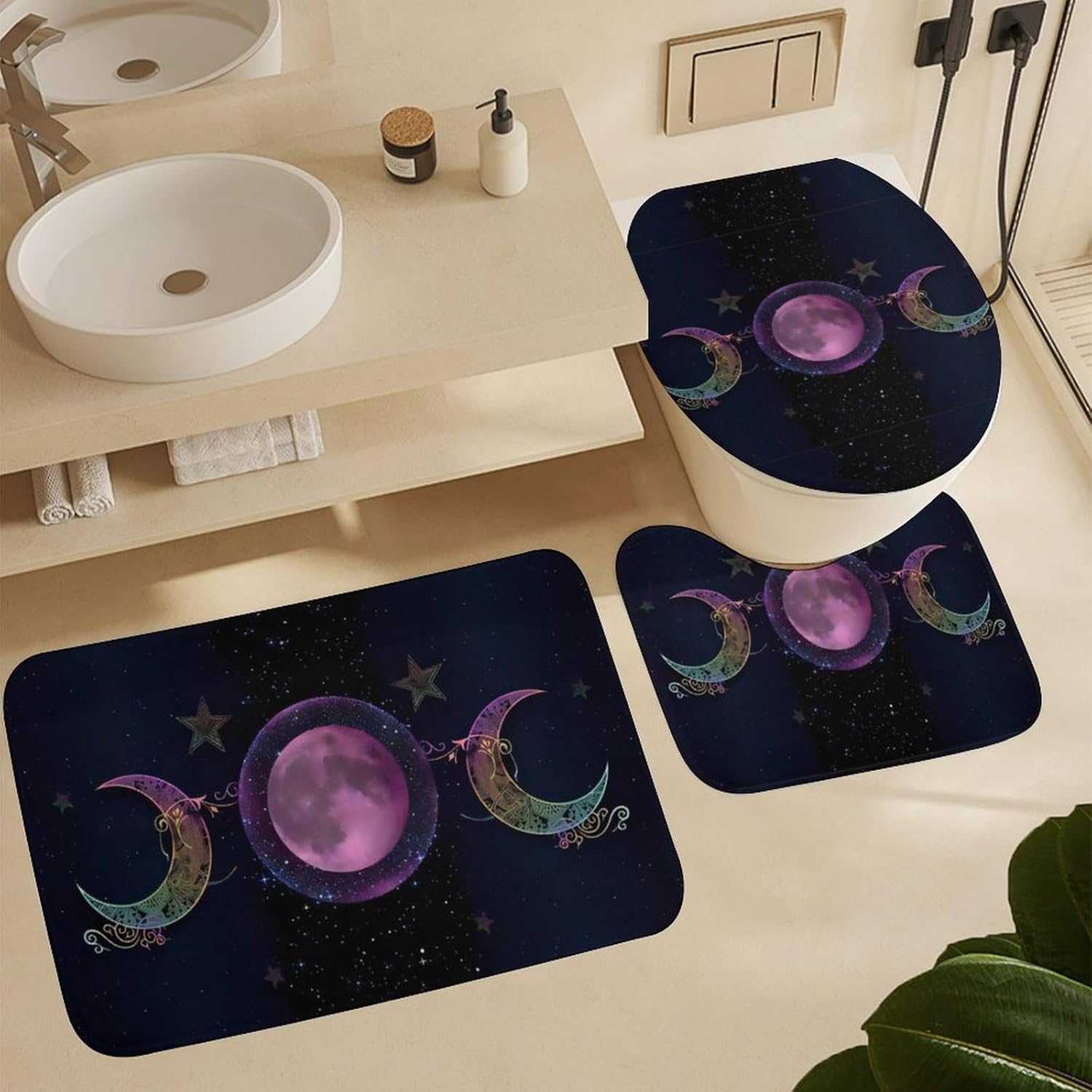 Galaxy Triple Moon Goddess Wiccan Pagan Witch 3-Piece Bathroom Rug Set Non-Slip Toilet Mat Absorbent Bath Rug Set Shower Mat Bathroom Special.