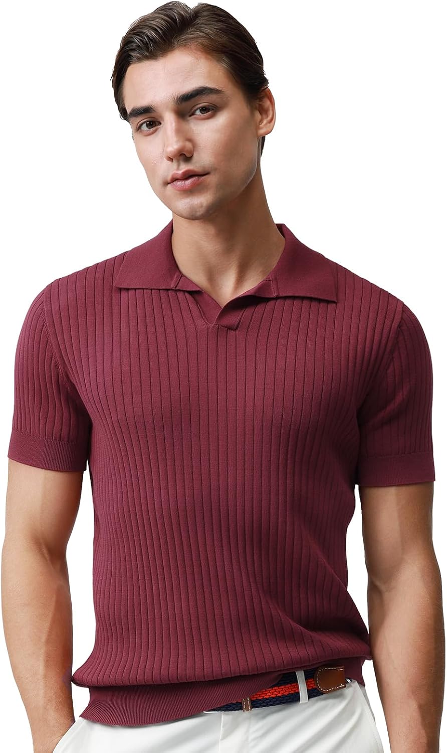 Hudson Wellesley Pure BCI Cotton Short Sleeve Polo Shirts for Men Johnny Collar Sweater High Twist Ribbed Knit Buttonless Top