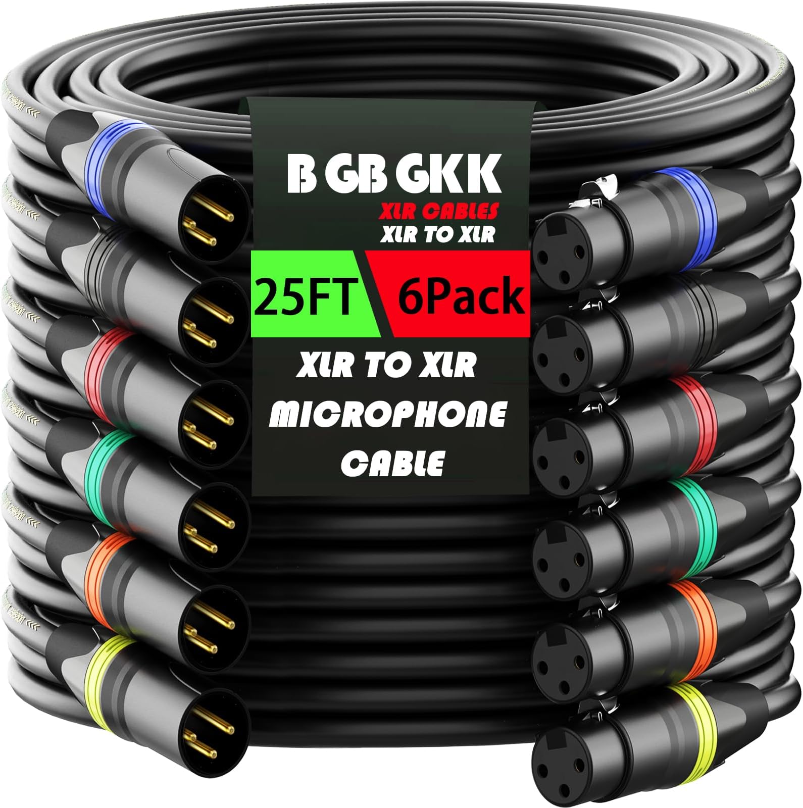XLR Cables 25ft 6 Pack, Professional XLR Microphone Cable Male to Female, Gold-Plated 3-pin X LR Speaker Cables Balanced Mic Cord, Multicolor