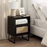 Masupu Rattan Nightstand,Modern Boho Night Stand Wood Side Table with Storage Drawer and Open Shelf,Small Bedide End Table for Bedroom,Living Room,Office,Walnut Brown