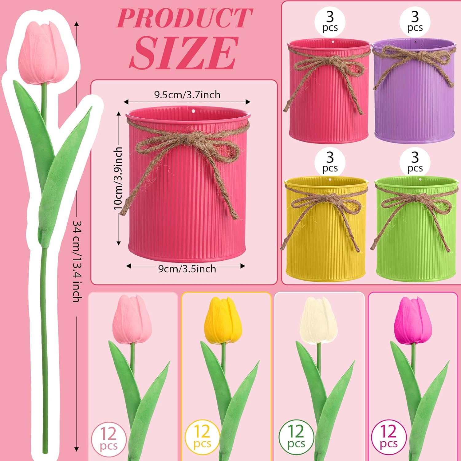 Domensi 12 Pack Easter Centerpieces for Table 48 Pcs Spring Artificial Tulips Bulk with 12 Metal Pot PU Faux Flowers in Vase Floral Arrangement Bouquet for Home Office Easter Table Decor Wedding Party