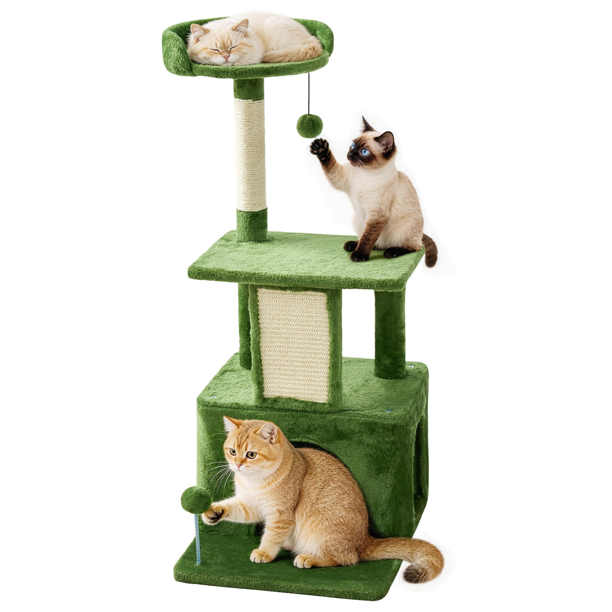 32.8inch Small Cat Tree Tower Condo for Indoor Cats, Soft Plush Multi-Level Climbing Tree Cat House with Cat Cave, Scratching Post, Sisal Rope, Green