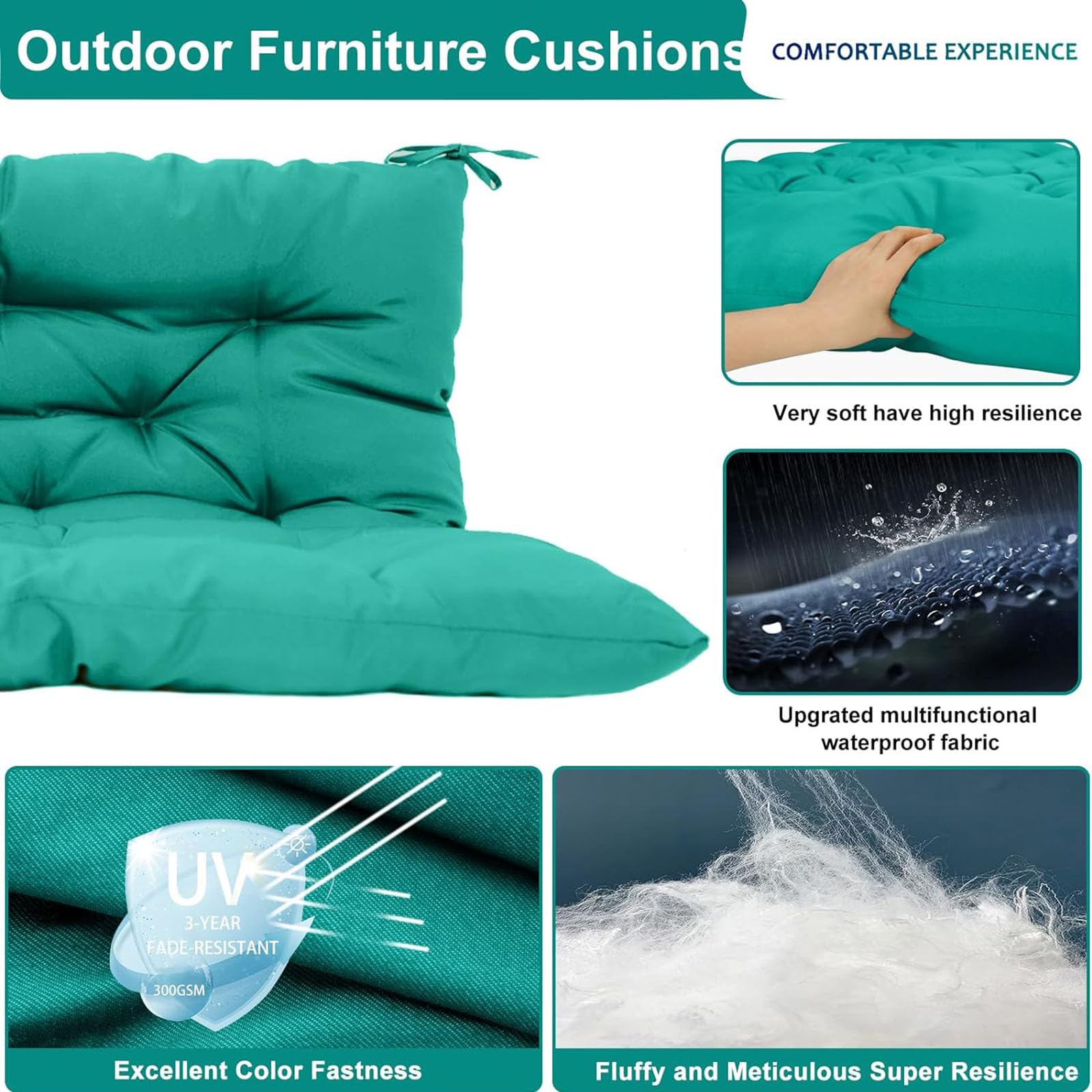 Cojín de repuesto para columpio de exterior, 3 asientos, impermeable, con lazos, respaldo grueso, 4 pulgadas, cojines para muebles de patio y jardín, 40 x 40 pulgadas, color azul lago