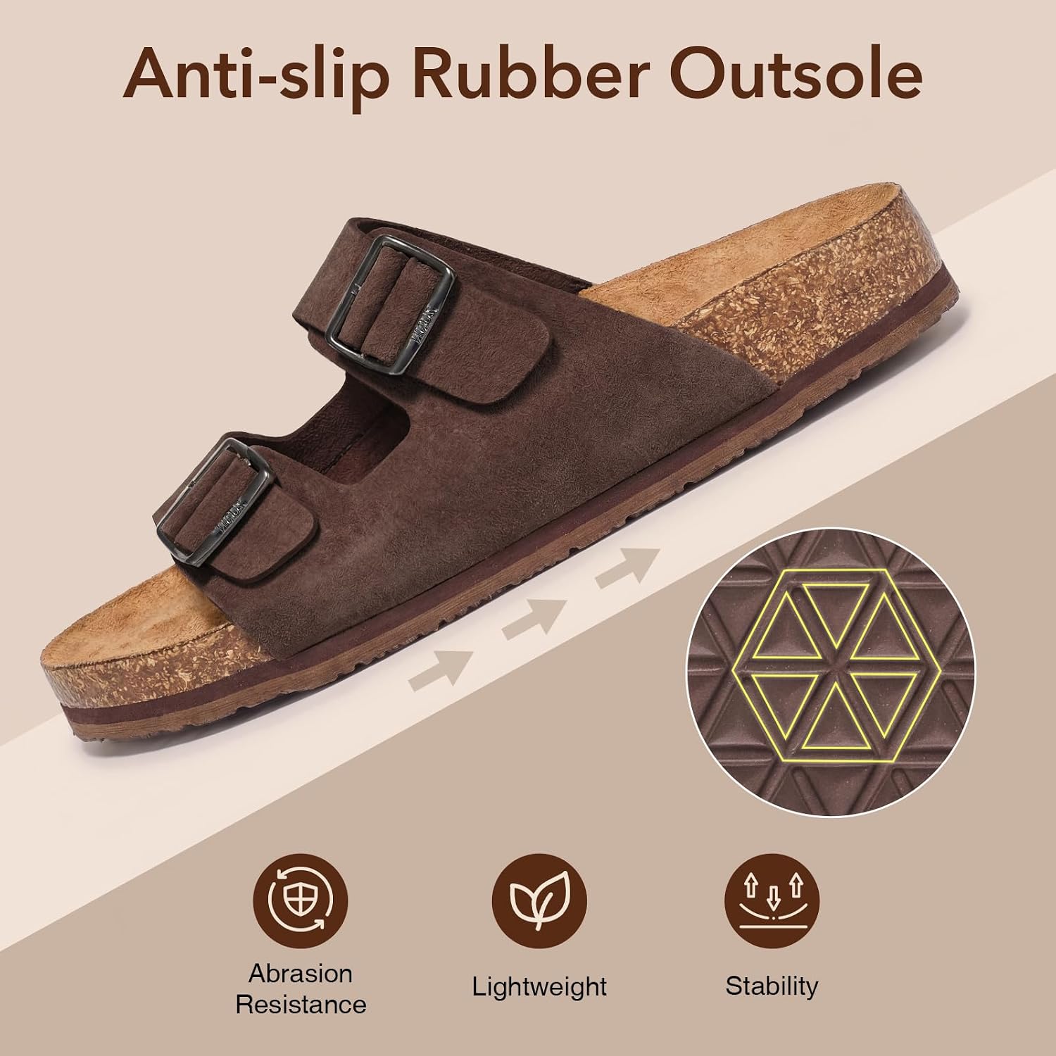 ZURIN Genuine Leather Sandals for Women，Cork Footbed Slide Platform Sandals with Arch Support, Suede Double Buckle Slip On Slides for Summer Beach Walking Indoor Outdoor
