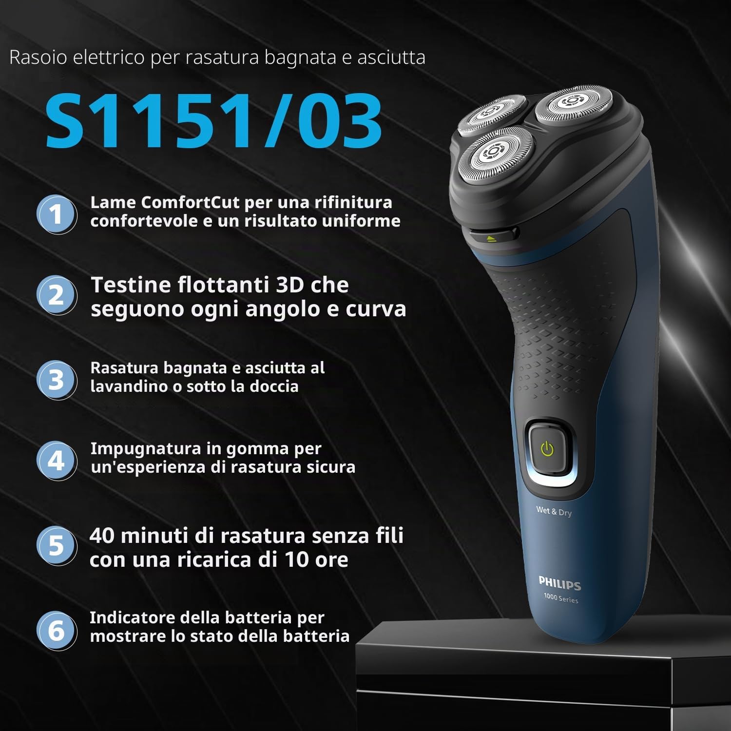 Philips Rasoio elettrico per uomo, rasatura umida e a secco, testine flottanti 3D, 27 lame autoaffilanti, senza fili, impermeabile S1151/03 (nuovo modello)