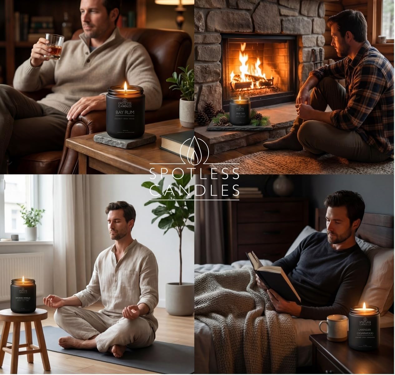 Scented Candles for Men - Soy Candles in Gift Box & Protective Shipper - Men Candle Set x 4 - Cedarwood & Lavender/Bay Rum/Pine Tar/Smoke & Vanilla - Spotless Leopard