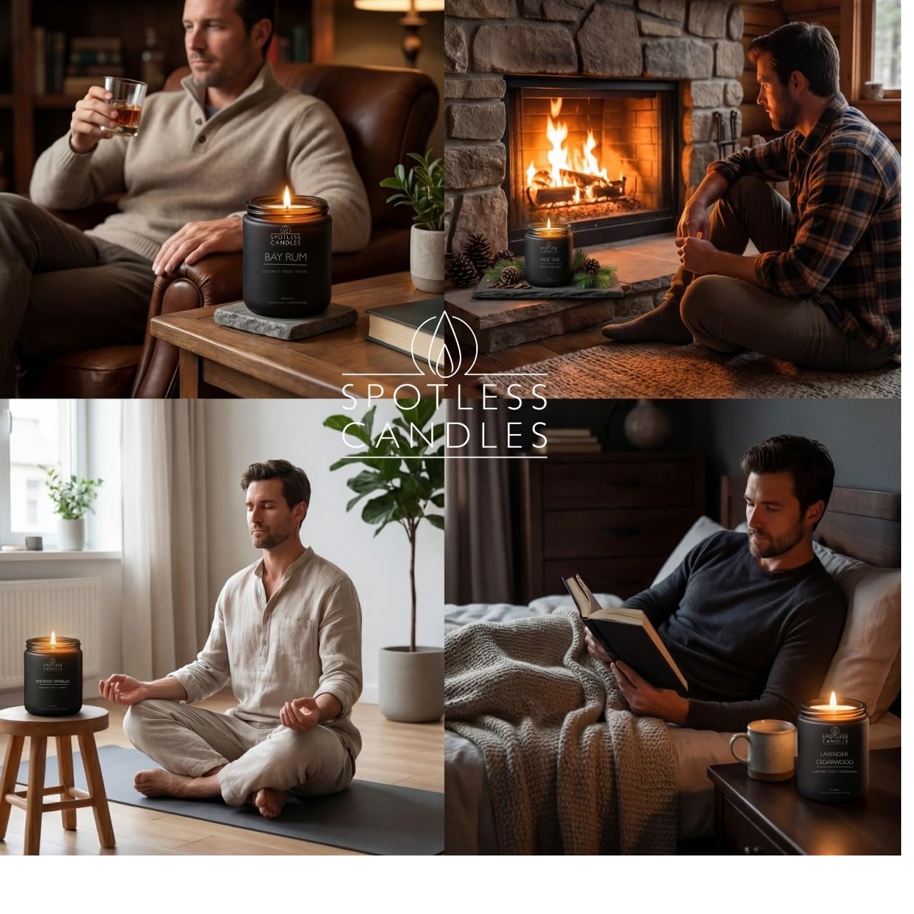 Spotless Candles Coffret cadeau avec 4 bougies parfumées pour homme 226,8 g Rum de baie, goudron de pin, vanille fumée, lavande et bois de cèdre 200 heures de combustion, bocaux en verre noir mat