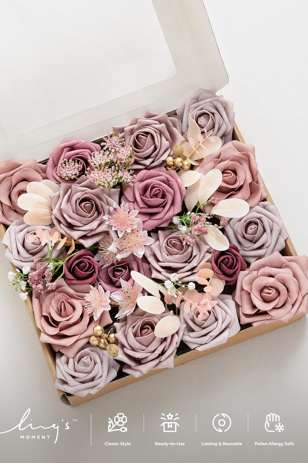 Ling's moment Fake Flowers Box, Faux Artificial Greenery Stems Foam Roses Silk Eucalyptus Fabic Flower for Centerpieces Bouquet Wedding Table Floral Vase Bridal Shower Party, Dusty Rose, Grand Combo - Image 6