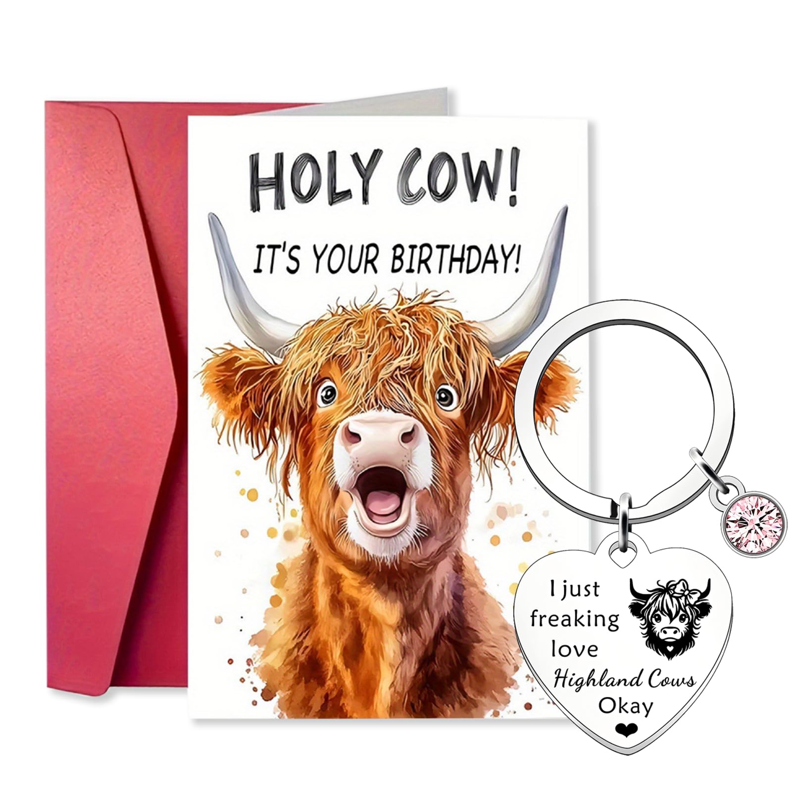3Pcs Highland Cow Birthday Card Gifts with Keychain & Envelope, Highlands Cows Keyring, Funny Gifts Suitable for Graduation Gifts Birthdays Cute Animal Themed Parties