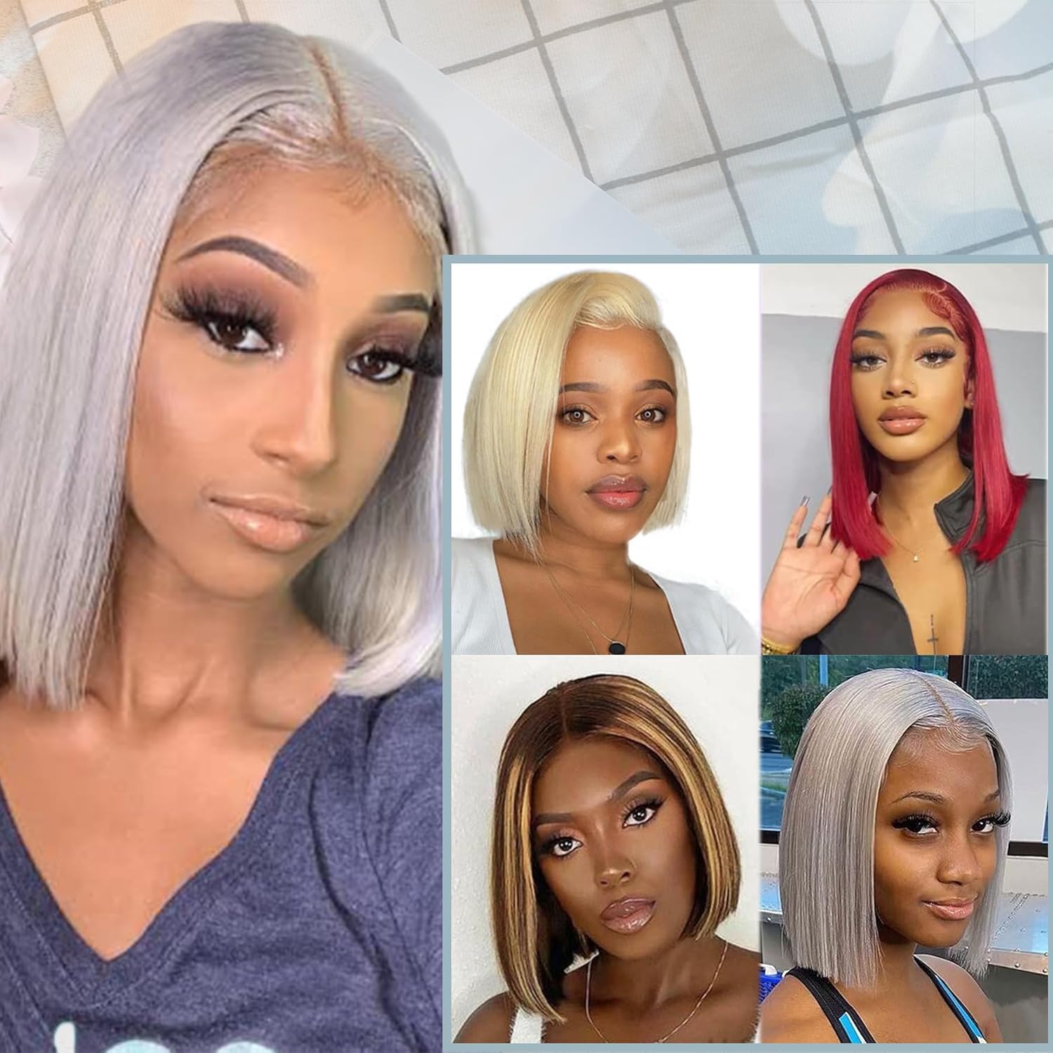 Grey Bob Human Hair Wigs 13x4 8in HD 180% Density Lace Front Wig Human Hair Grey Human Hair Wig Silver Glueless Wigs Human Hair
