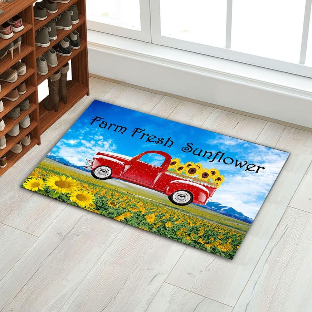 Sunflowers Doormats for Indoor/Floor/Kitchen/Bath/Pets, Farm Red Truck with Sunflowers Welcome Mats Shoes Scraper Mat