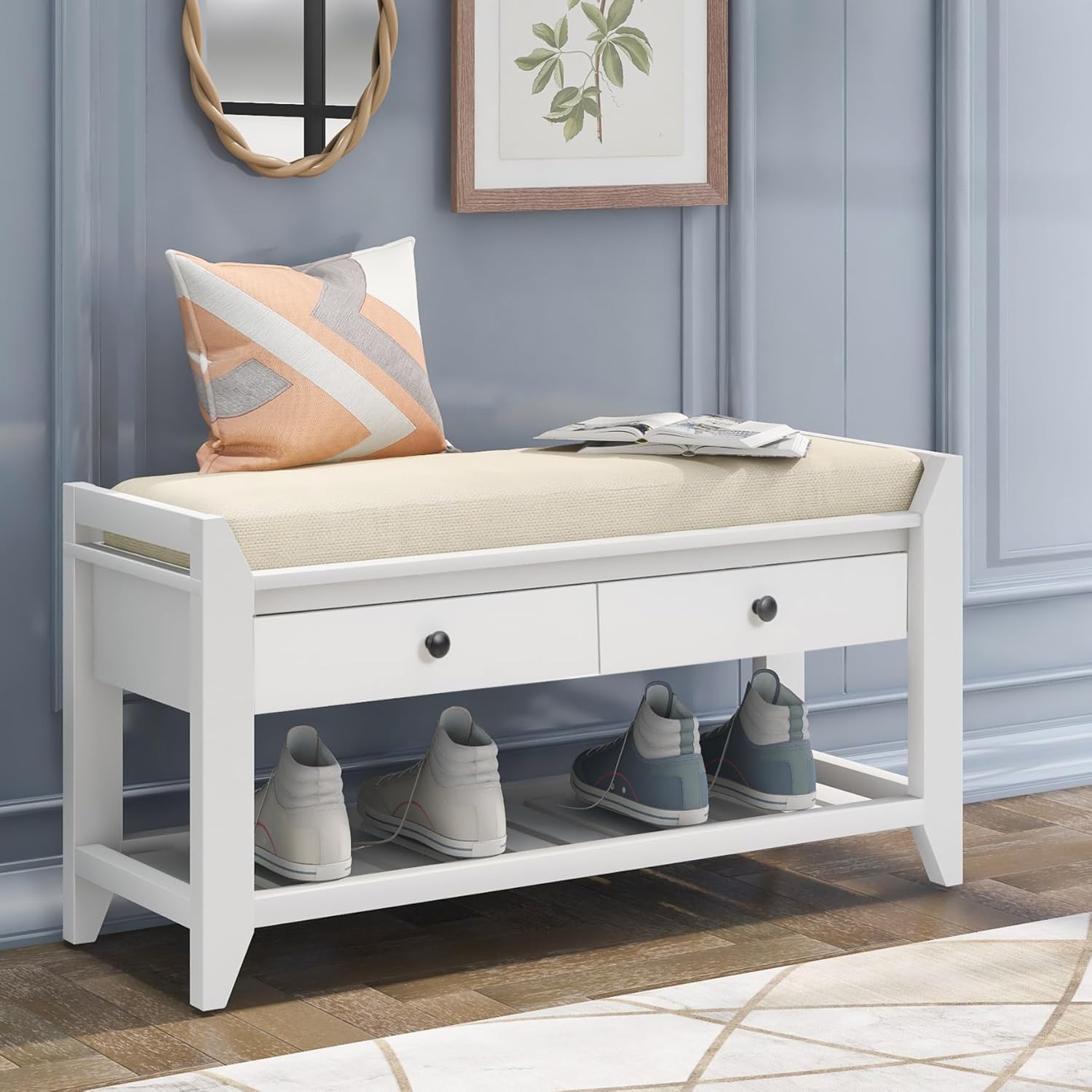 Shoe Rack Bench, Long Shoe Storage Bench with 2 Drawers and Bottom Shelf, Multipurpose Entryway Bench with Removable Cushion and Solid Wood Legs for Living Room, Hallway, Bedroom, White
