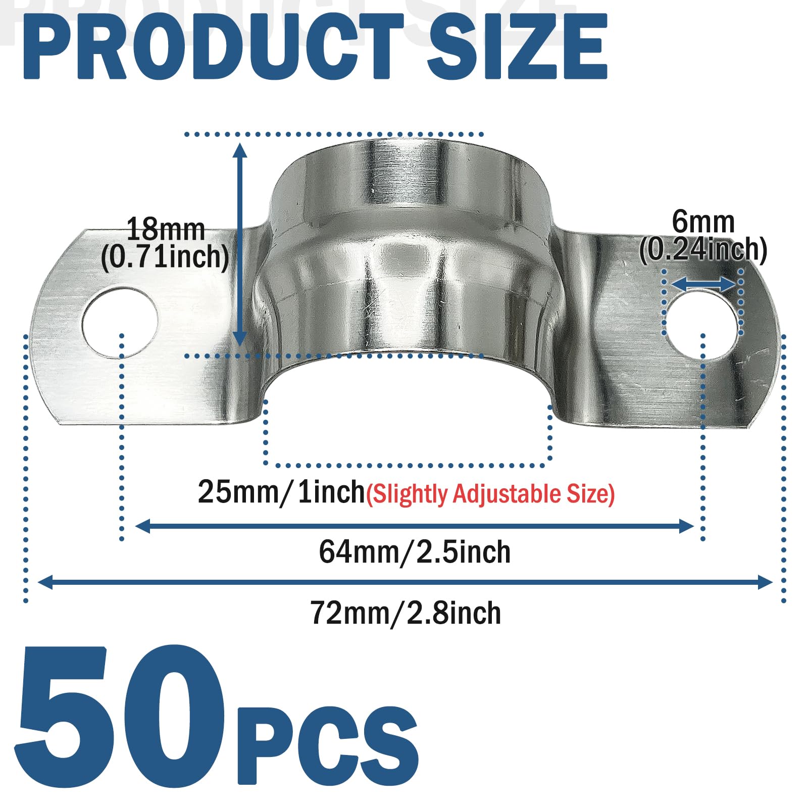 3/4 inches 50Pcs Rigid Pipe Two Hole stainless steel U-shaped pipe card Tension Clips 304 Stainless Steel Heavy Duty Pipe Fasten Holder-Secures Conduit Silver, (25MM)