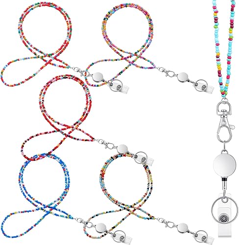 Miniatura 5 de 6 juegos de collares bohemios para mujer, cordón retráctil con soporte para identificación, collar de cuentas para tarjetas de identificación,