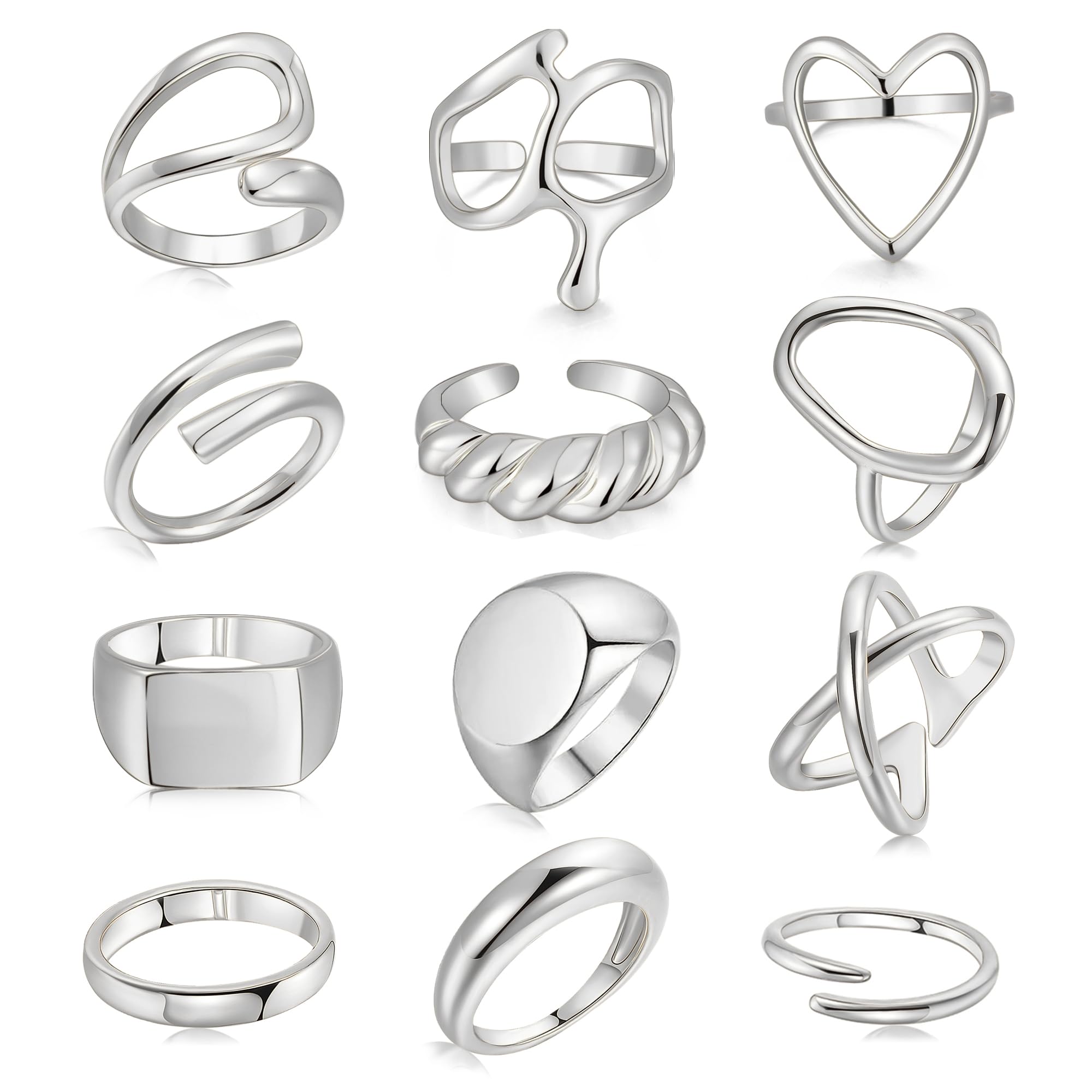 FAXHION 12PCS Gold Stackable Rings Set for Women, 18K Gold Plated Open Stacking Knuckle Ring, Adjustable Chunky Signet Band Statement Ring for Gift