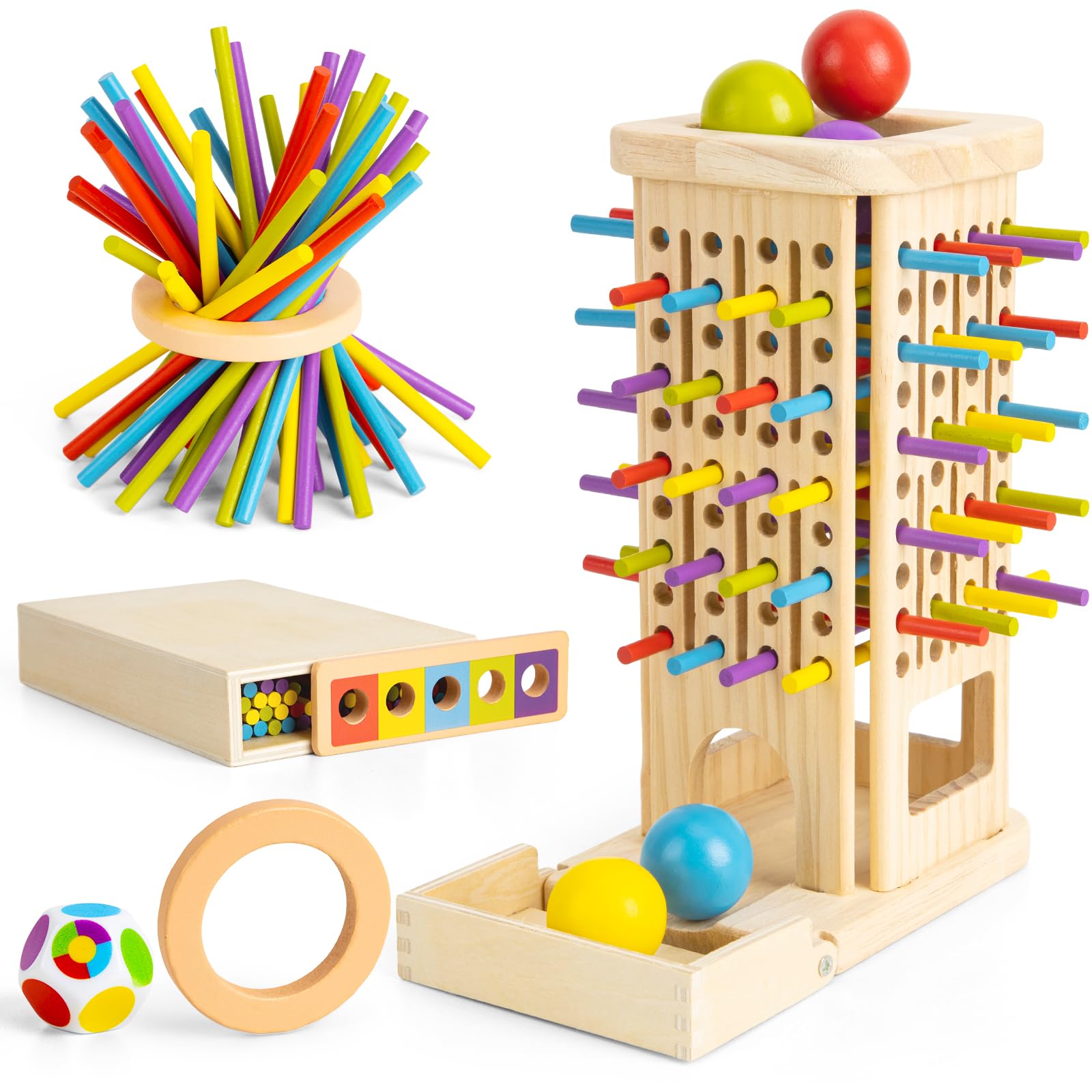 Funsland Wooden Board Games for Kids: 3-IN-1 Montessori Educational Toys for 3 4 5 6 Year Olds with 40 Colourful Sticks,Dice,Tower and Storage Box - Fun Gift for Family & Party