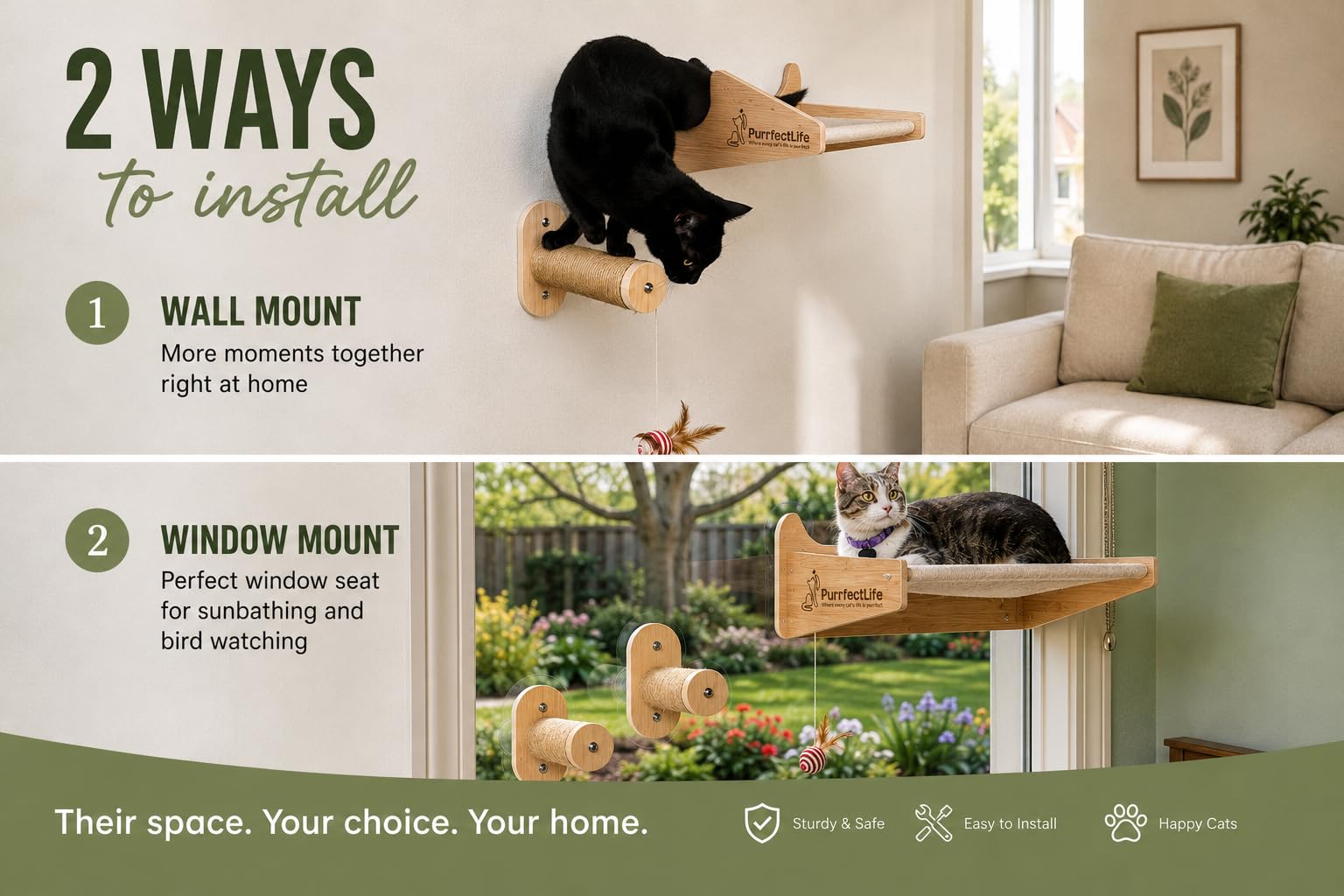 Hamaca para gatos para ventana y pared (2 en 1) - Percha de madera de color sólido y natural con 2 escalones - Hamaca 100% algodón - No necesita herramientas - Gratis: juguete para gatos