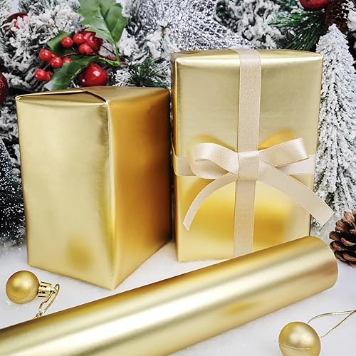 Miniatura 2 de LDGOOAEL Mini rollo pequeño de papel de regalo de Navidad (17 pulgadas x 32.8 pies), dorado mate para vacaciones, cumpleaños, bodas, baby shower