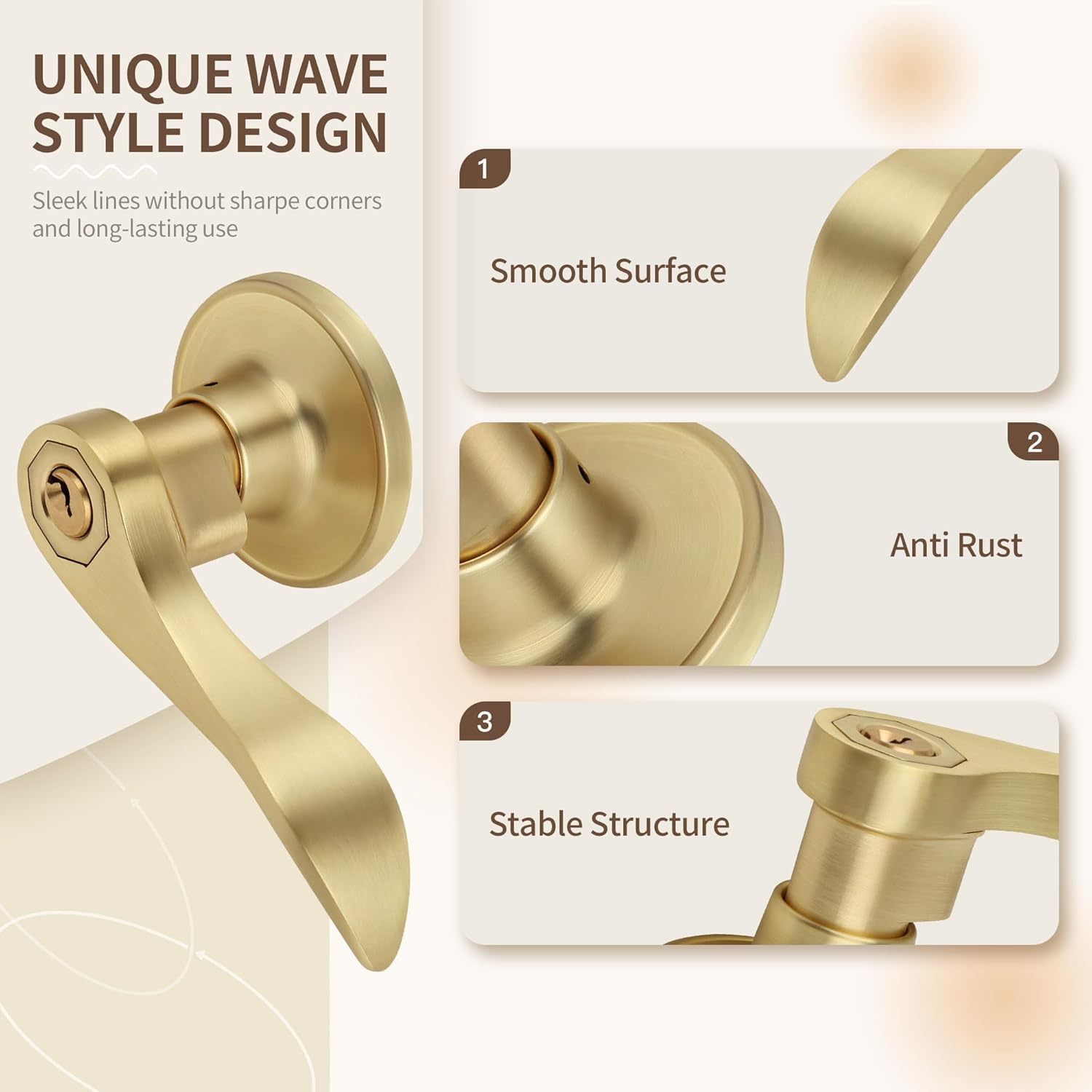 Moquin Wavy Style Gold Door Handle with Lock and Key, Keyed Entry Brushed Gold Door Handles for Bedroom or Front Door, Satin Brass, 5 Pack