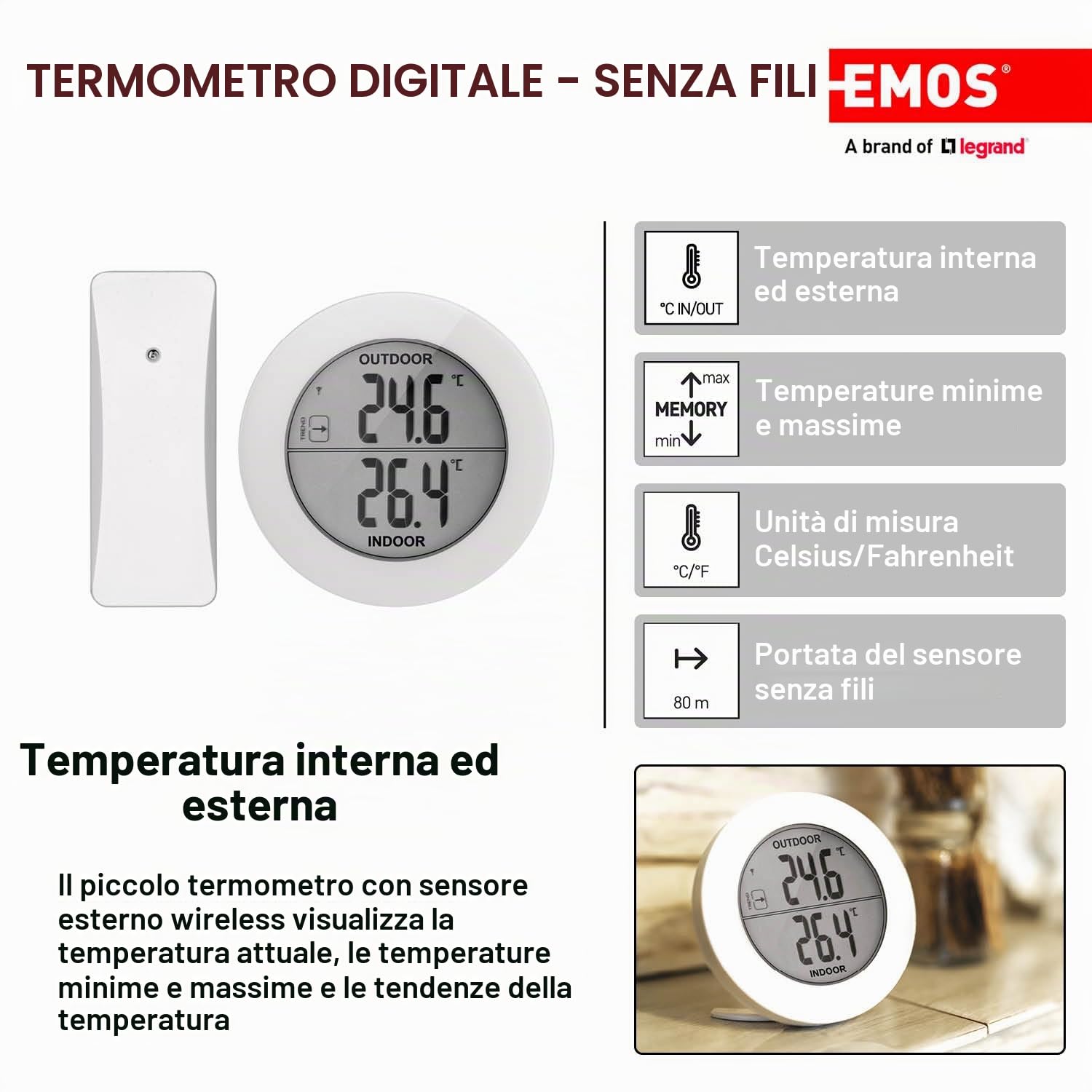 EMOS - Termometro digitale con sensore esterno - Sensore wireless, temperatura interna ed esterna, portata 80 m, funzione memoria - °C/°F - Supporto da tavolo/da parete - bianco