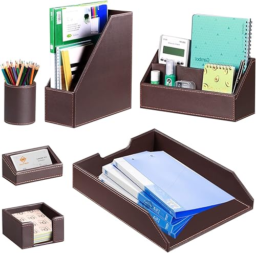 Miniatura 8 de Organizador de escritorio de oficina y accesorios de espacio de trabajo para hombres, juego de 6 piezas de cuero negro, taza para lápices, soporte