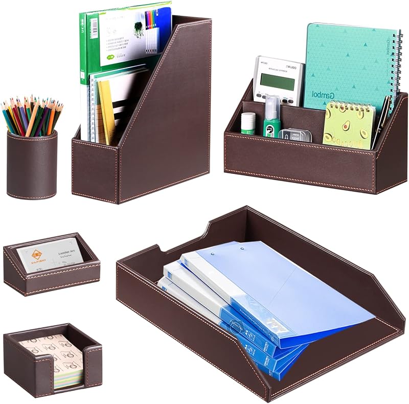 Desk Accessories and Workspace Organizers, 6 PCS Office Supplies Organization Set- Pencil Cup, Business Card Holder, Sticky Note Dispenser, Mail Sorter, Letter Tray, Files Holder, Desktop Caddy | Office Essentials Desk Accessories Pen Cup,Business Card Holder,Sticky Note Caddy,Mail/Bill Sorter,Letter Tray,Files Holder