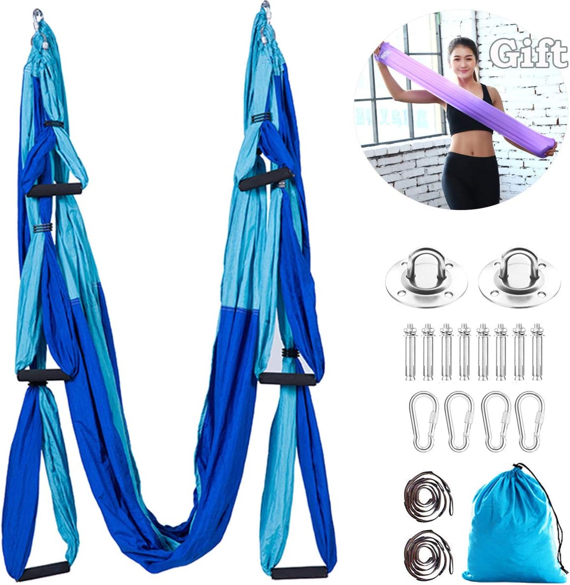 ele ELEOPTION Strong Antigravity Yoga Hammock Sling Inversion Tool for Air Inversion Exercises Yoga Swing Set Trapeze Sling Hammock Yoga Gifts for Women Adult Kids Dark+Light Blue