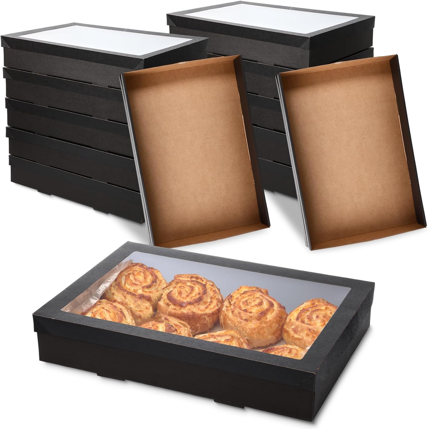 20 Pack Black Catering Boxes, 17.72 x 12.2 x 3.15in Bakery Boxes with Window Lids, To Go Paper Food Containers Disposable, Greaseproof Pastry for Charcuterie or Cupcakes, Easy Assembly