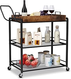 Mr IRONSTONE Bar Cart, Kitchen Serving Cart for Home with Wheels and Handle, 3-Tier Industrial Storage Shelves, Rustic Brown