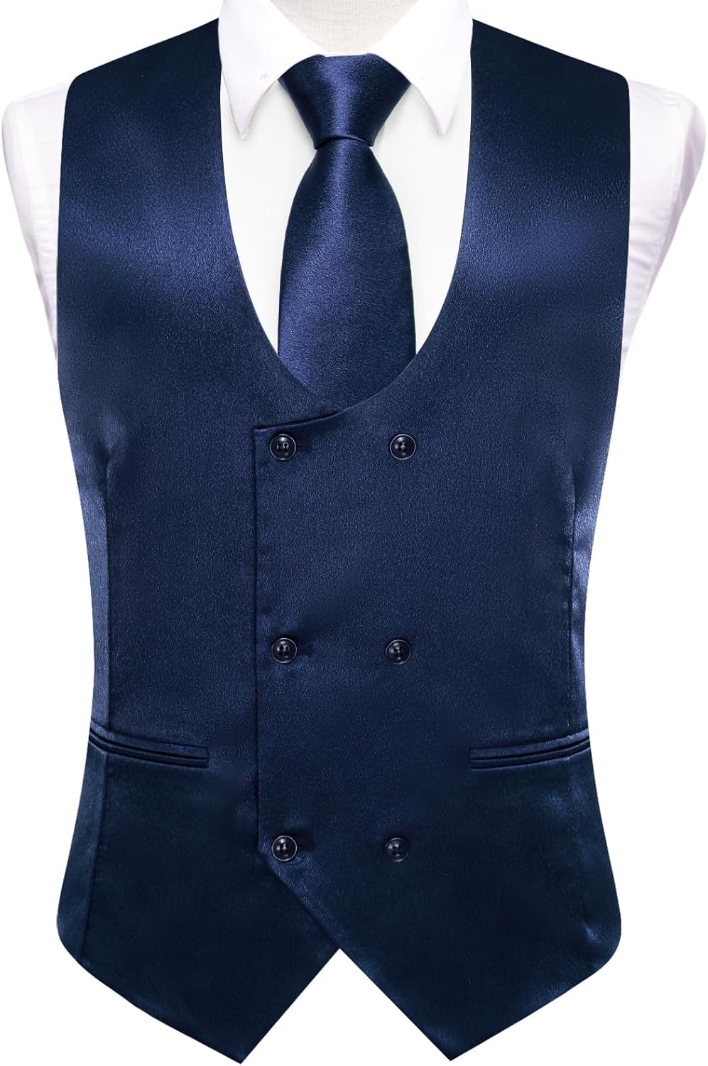Hi-Tie Mens Navy Suit Vest for Men Silk Double Breasted Formal Suit Vest Pretied Bow Tie Necktie Handkerchief Cufflinks 5PCS Wedding or Business Tuxedo - Image 4